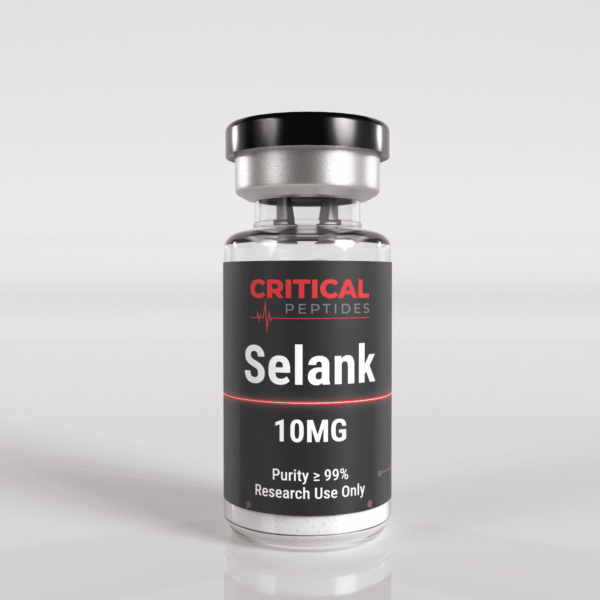 Selank 10mg research peptide vial used in laboratory neuroscience studies for cognition, stress response, and neurotransmitter research applications