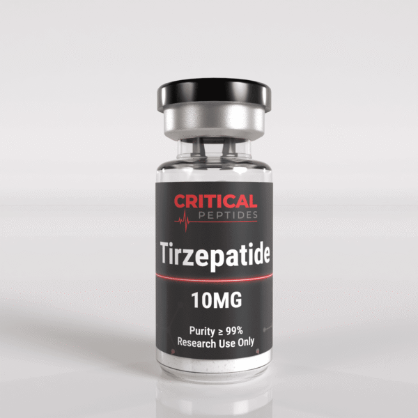 Tirzepatide 10mg research peptide vial used in laboratory studies for metabolic research, GLP-1 GIP receptor activity, and glucose regulation analysis